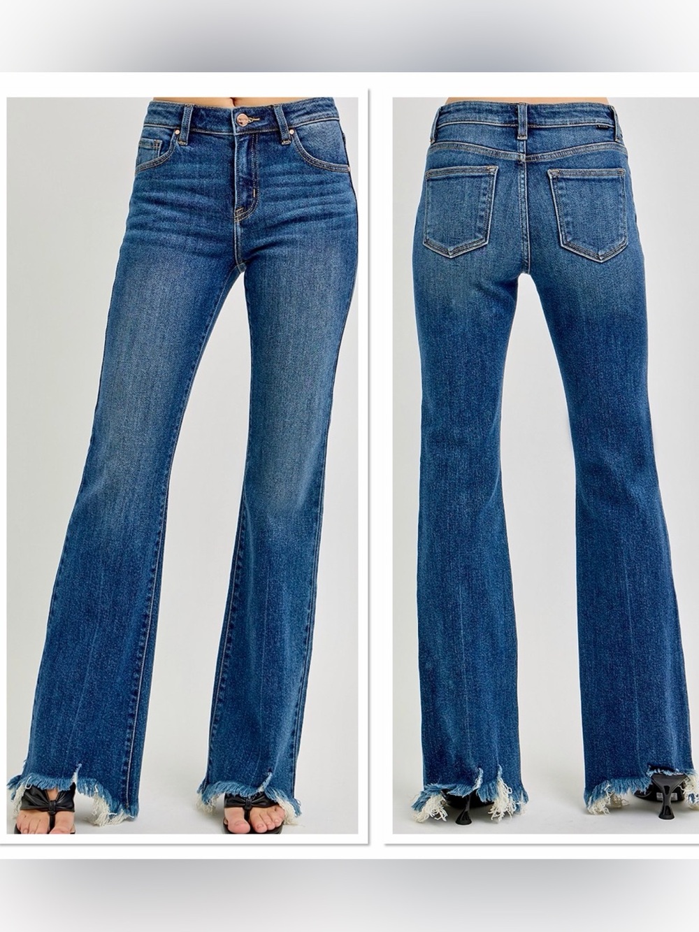 🩵Hello Gorgeous! RISEN Full Size Mid Rise Flare Frayed Hem Jeans- Dark Wash